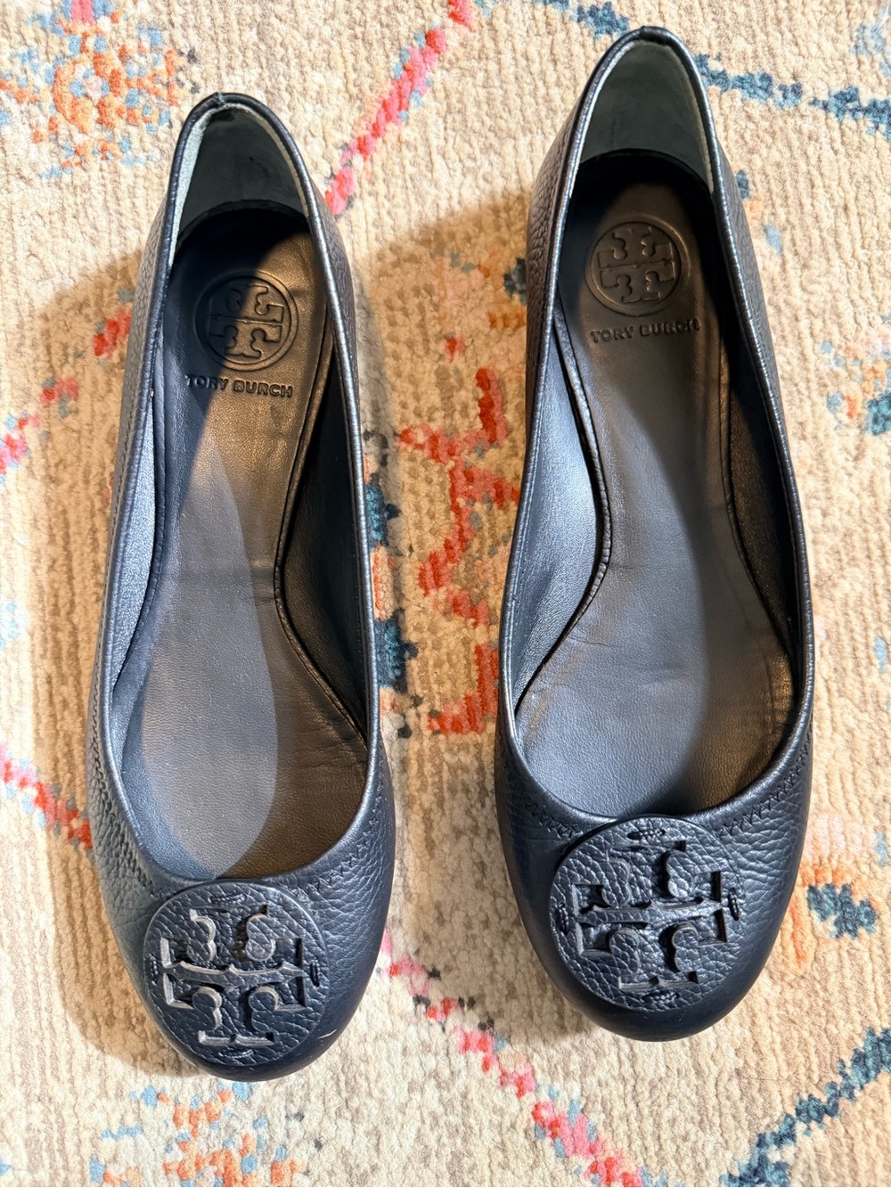 Tory Burch Reva Black Leather Flats raised Logo   Size 8